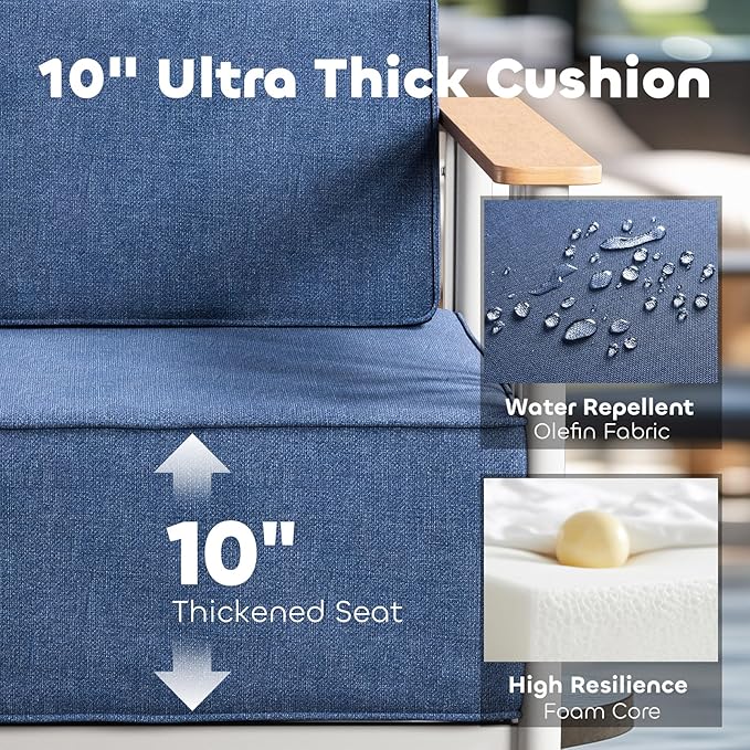 Luxury Patio Furniture Set with 10" Extra Thick Cushions, 8 PCS Outdoor Furniture Set with Patio Chairs & Couch & Coffee Table, Suitable for Porch, Balcony, Deck, Yard, Poolside, White/Blue