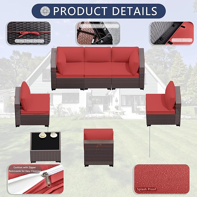 Outdoor Patio Furniture Set, 7 Pieces Outdoor Sectional Furniture Patio Sofa, All-Weather PE Rattan Patio Conversation Set with Tempered Glass Top Table & Cushions(Red).