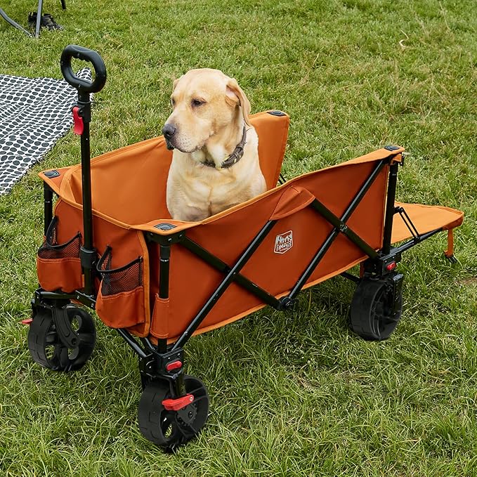 TIMBER RIDGE 47"L Collapsible Folding Wagon with Tailgate, 550lbs Heavy Duty Beach Wagon with All-Terrain Big Wheels, 250L Foldable Utility Wagon Cart for Sand Camping Sports Shopping, Orange