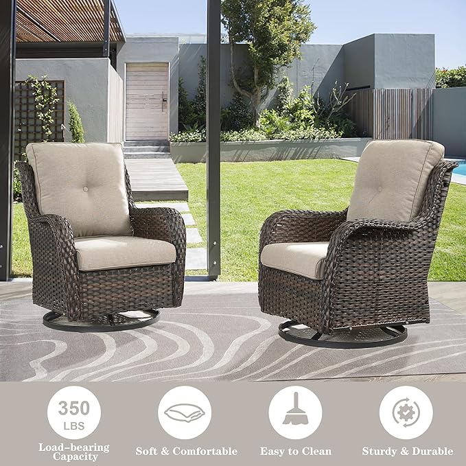 Belord Outdoor Furniture Sectional Sofa L Shaped Couch - Patio Wicker Set with 2 Swivel Glider Chairs, 5 Piece Rattan Patio Conversation Sets with Beige Cushion for Deck Backyard Sunroom