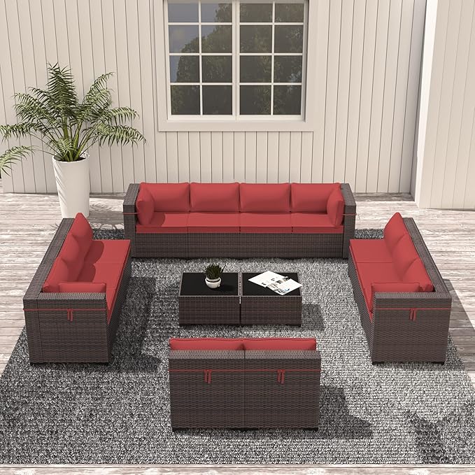 Outdoor Patio Furniture Set, 14 Pieces Outdoor Sectional Furniture Patio Sofa, All-Weather PE Rattan Patio Conversation Set with Tempered Glass Top Table & Cushions(Red),