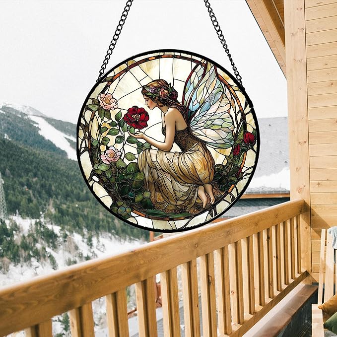 JOSUMALY Stained Glass Window Hanging - Butterfly Flower Fairy Suncatcher for Door Terrace Garden Home Decor Yellow Green Plants Sun Catcher Birthday Gifts for Lovers Women Men Dad Mom Nana 15 in