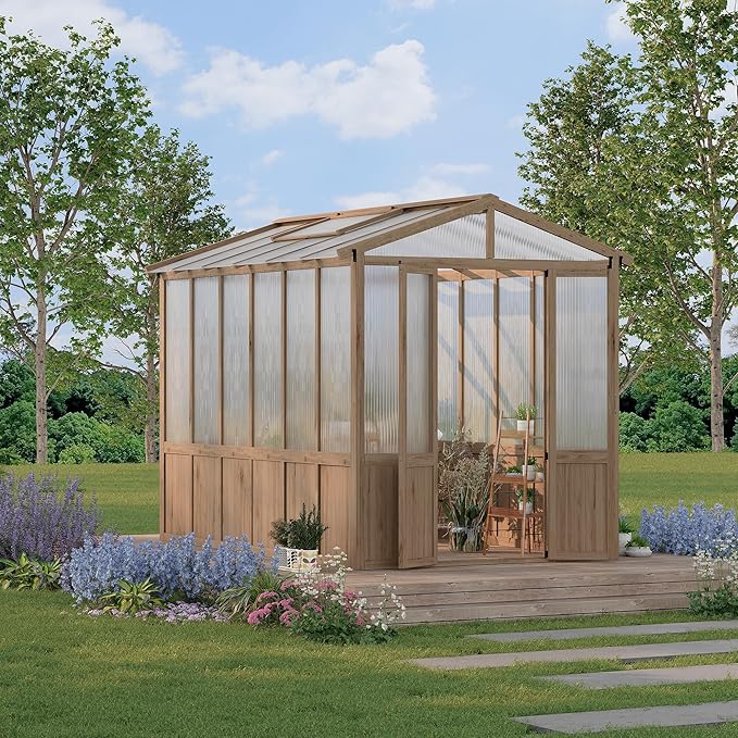 8x10FT Wooden Greenhouse with Cedar Frame, Outdoor Wood Greenhouses with Roof Vent, Wood and Polycarbonate Walk-in Greenhouse