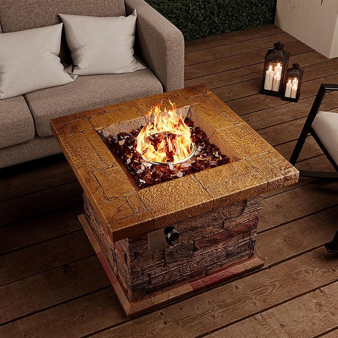 32" Outdoor Propane Fire Pit, Square Stonecrest Gas Firepit for Outside Patio, Concrete Propane Fire Table 50,000 BTU Gas Fire Pits with Waterproof Cover, Red Fire Glass