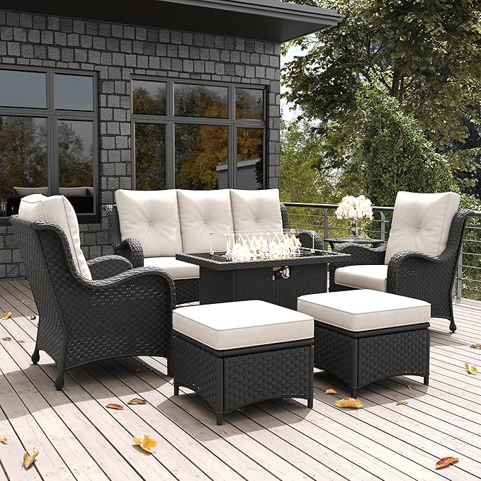 LayinSun 7 Pieces Outdoor Patio Furniture Set with Fire Pit Table, Rattan Wicker Sectional Chairs Sets with Ottomans, Single Chairs and Coffee Table