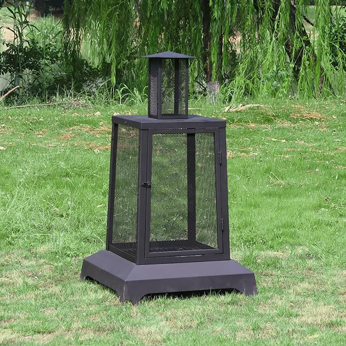 Walsport Chiminea Outdoor Fireplace, 43 Inch Wood Burning Fire Pit with Grill Grate and Spark Screen Cover, Outdoor Fire Pit for Patio, Backyard, Deck Porch and Camping (Black) ﻿