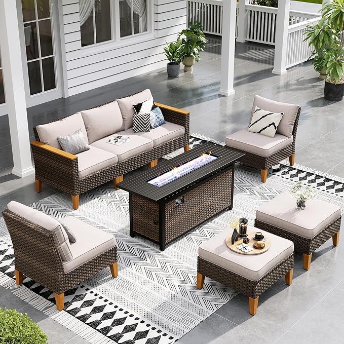Sophia & William Patio Furniture Set with Fire Pit Table, Large Outdoor Wicker Rattan Sectional Sofa 8 Piece Patio Conversation Set for Deck, Backyard, Porch, Outside(56-Inch Fire Pit,Beige)