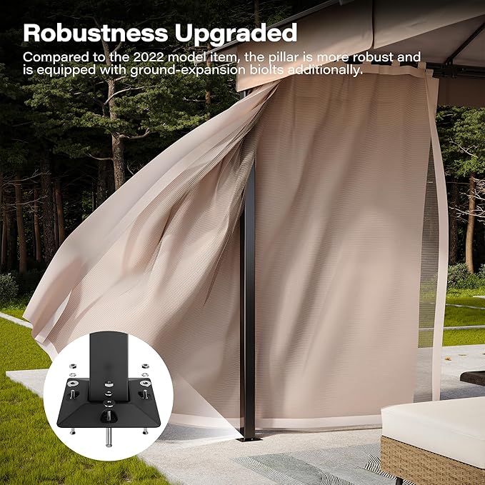 LAUSAINT HOME Gazebo 10x10ft, Heavy Duty Patio Gazebo with Expansion Bolts, Party Canopy Tent with Double Roofs, Mosquito Nettings and Privacy Screens for Backyard, Garden, Lawn, Khaki