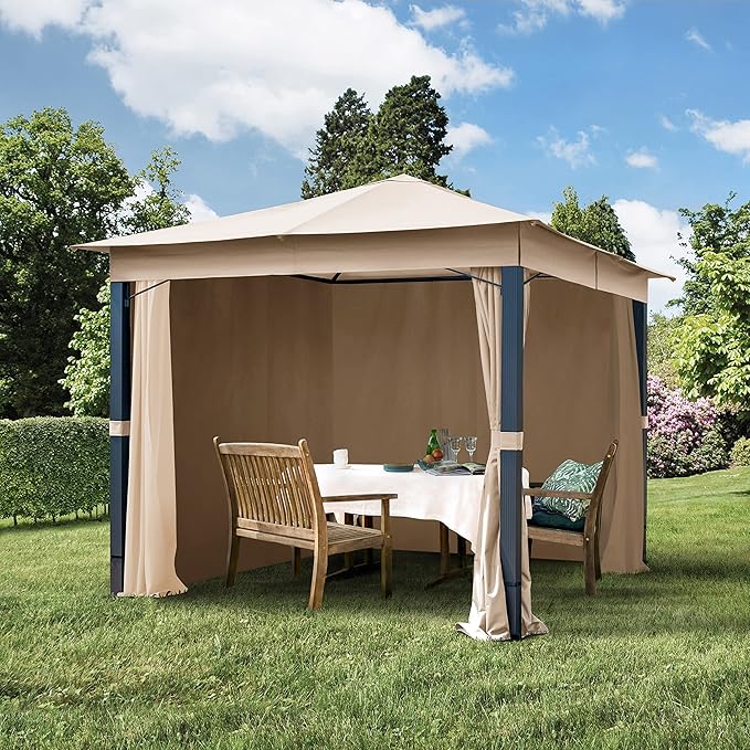 TOOLPORT Gazebo 10X10 Ft with Approx. 6.5 Oz/Yd² Waterproof Tarp Roof Pavilion with 4 Curtains in Cappuccino