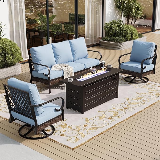 SUNSHINE VALLEY 4 Piece Black Metal Outdoor Patio Furniture Sets with Firepit Table, Patio Conversation Sets 1 3-Seater Sofa, 2 Swivel Sofa with 5.75" Thick Cushion Backyard Furniture for Deck, Blue