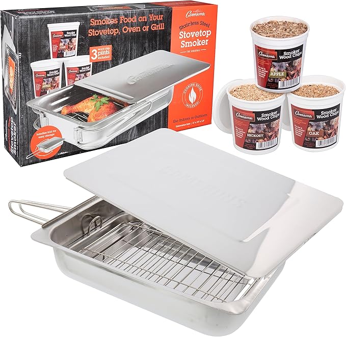 Camerons Original Stovetop Smoker -Smoker Box Gift Set w/Oak, Apple, Hickory Wood Chip Pints & Recipe Guide- Indoor Outdoor Use - Great for Smoking Meats - Barbecue Grilling Holiday Xmas Gift for Men