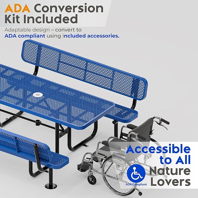 Commercial Heavy-Duty Metal Picnic Table with Backrest - ADA Compliant, Adjustable Seats, Umbrella Hole, Expanded Metal (Blue, 6' Rectangular with Back)