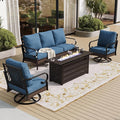SUNSHINE VALLEY 4 Piece Black Metal Outdoor Patio Furniture Sets with Firepit Table, Patio Conversation Sets 1 3-Seater Sofa, 2 Swivel Sofa with 5.75" Thick Cushion Backyard Furniture for Deck, Blue-2