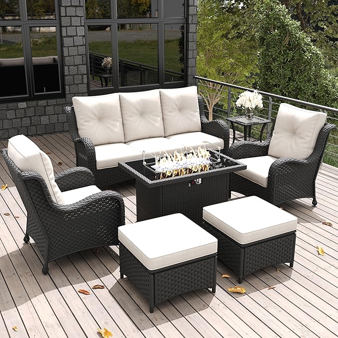 LayinSun 7 Pieces Outdoor Patio Furniture Set with Fire Pit Table, Rattan Wicker Sectional Chairs Sets with Ottomans, Single Chairs and Coffee Table