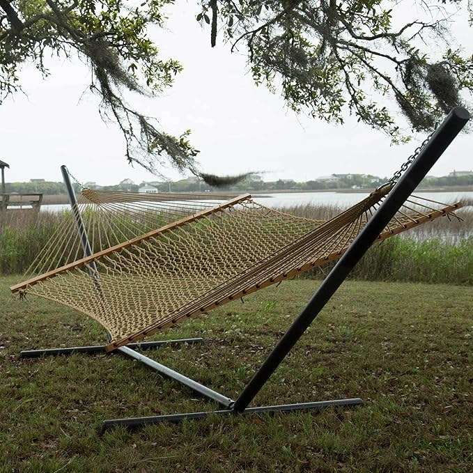 Original Pawleys Island Deluxe Tan DuraCord Rope Hammock – 13 ft. x 65 in, 2-Person, 450 lb Capacity, Oak Spreader Bar, Zinc-Plated Hardware, Handcrafted in The USA