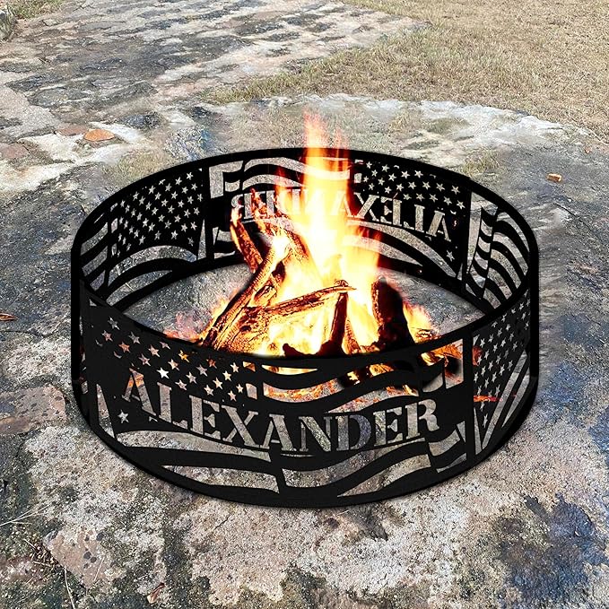 Personalized Fire Pit Ring American Flags US USA Flag Metal Custom Name 360 Degree Campfire Ring Stove Outdoor BBQs Backyard Camping Garden Decor Gifts Father's Day Camper Veteran
