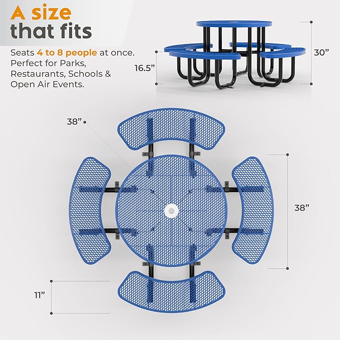 OUTTANS Metal Picnic Tables for Outdoors with Umbrella Hole - Coated Steel Heavy Duty Commercial Grade Furniture Set with Adjustable Seats (Blue, 38 in, Round, Expanded Steel)