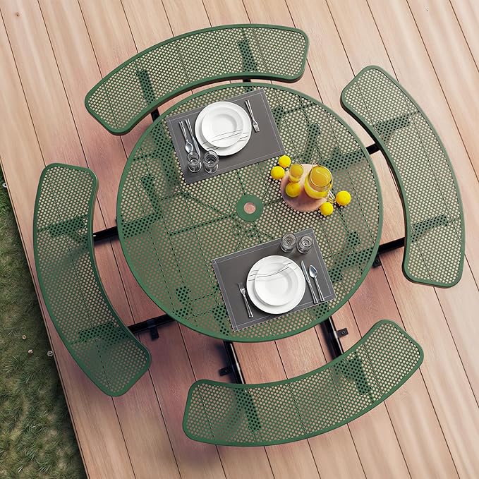 Metal Picnic Tables for Outdoors with Umbrella Hole - Coated Steel Heavy Duty Commercial Grade Furniture Set with Adjustable Seats (Green, 46 in, Round, Punched Steel)