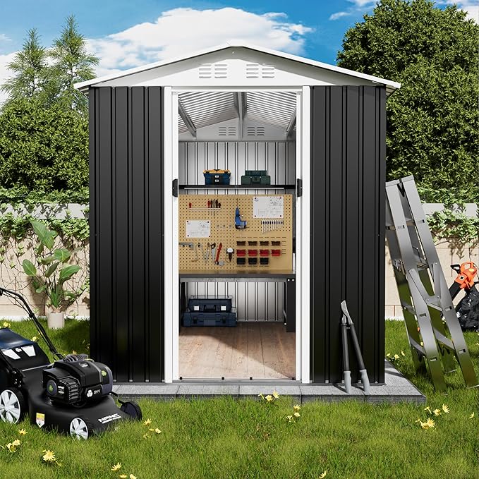 6x9ft Outdoor Metal Storage Shed Waterproof Garden Shed with Lockable Door, Windows & Vents, Tool Metal Storage for Patio Furniture Lawnmower（Grey）