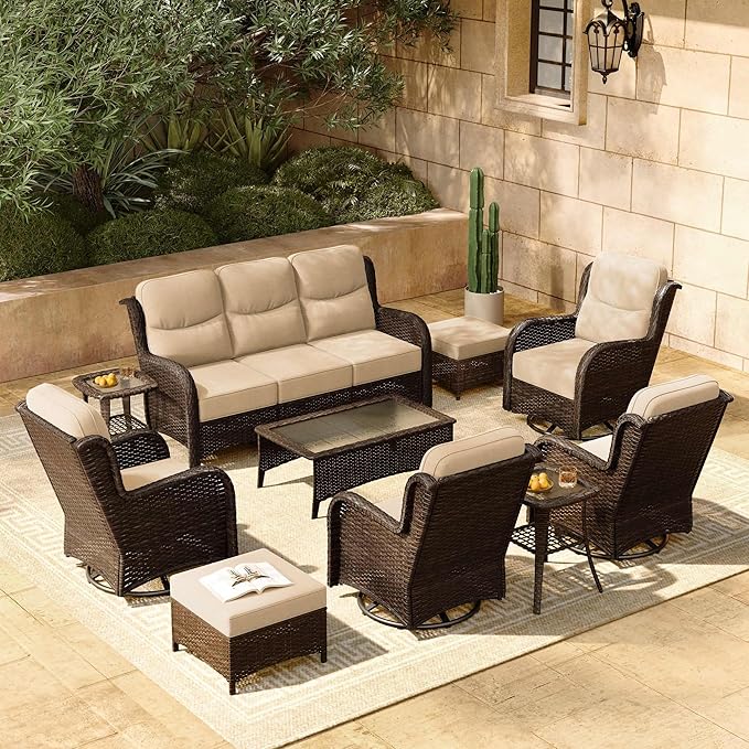 HILLGA Luxury Patio Furniture Set with 6-inch Thick Cushion, Outdoor Couch and High Back Swivel Rocker Patio Chairs, 10PCS Wicker Conversation Set for Deck Yard and Poolside, Beige (V2)
