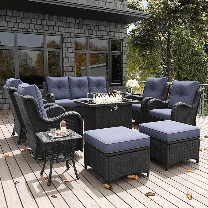 LayinSun 10 Pieces Outdoor Patio Furniture Set with Fire Pit Table, Rattan Wicker Sectional Swivel Rocker Chairs Sets with Ottomans, Swivel Glider Chair, Single Chairs and Coffee Table