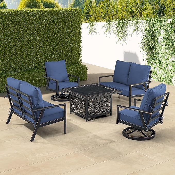 Oakland Living Black Aluminum Patio Fire Table Set with Two Deep Seating Loveseat with Cushions and Two Club Chairs with Blue Cushions