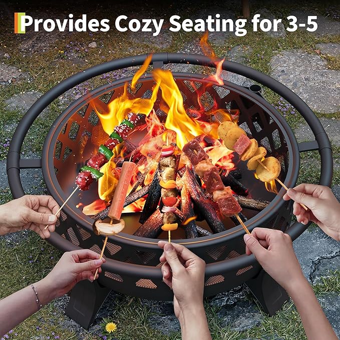 Outdoor Fire Pit with Spark Screen Cover, 37 Inch Wood Burning Fire Pit with Stoker Tool, Portable Firepits for Outside Camping, Patio, Backyard