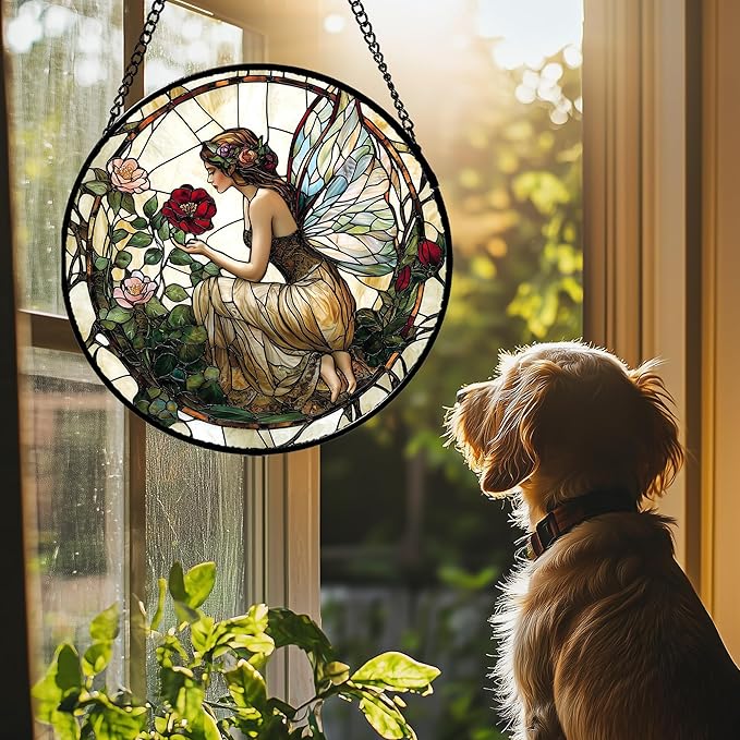 JOSUMALY Stained Glass Window Hanging - Butterfly Flower Fairy Suncatcher for Door Terrace Garden Home Decor Yellow Green Plants Sun Catcher Birthday Gifts for Lovers Women Men Dad Mom Nana 9.8 in