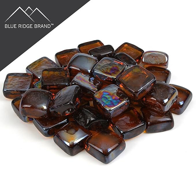 Reflective Fire Pit Glass Cubes - Professional Grade Fire Glass for Fire Pit - 1" Firepit Glass Rock - Glass Stones - Gas & Propane Fire Pit & Fireplace Glass (10 Pound, Amber)