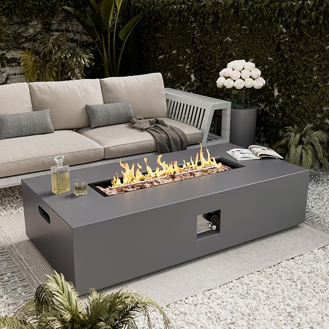 UPHA 56-inch Outdoor Propane Gas Fire Pit Table 50000 BTU Concrete Round FirePit for Outside Patio with Propane Tank Cover, Lava Rocks, Rain Cover, Grey