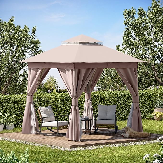 LAUSAINT HOME Outdoor Patio Gazebo 8'x8' with Expansion Bolts, Heavy Duty Party Tent & Shelter with Double Roofs, Mosquito Nettings and Privacy Screens for Backyard (Khaki)