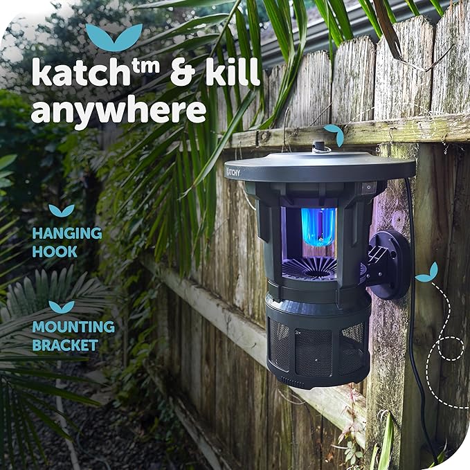 Katchy Outdoor Flying Insect Trap – Wall-Mounted Non-Zapper Trap for Catching and Killing Flies, Safe and Easy to Use (Black, 1 Device & 4 Refills)