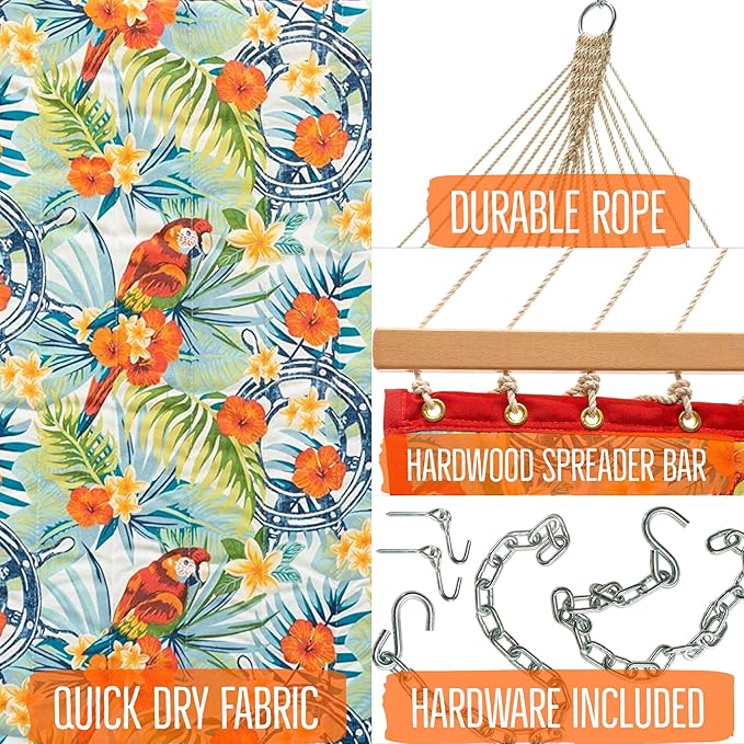 Castaway Living Large Floral Print Quilted Polyester Hammock – 12 ft. x 55 in., 350 lb Capacity, Free Extension Chains & Tree Hooks – Perfect for Garden, Patio & Outdoor Lounging