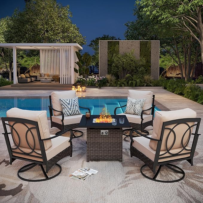 Patio Furniture Set with 32" Fire Pit Table, Patio Conversation Sets 4 Swivel Chairs with Thick Cushion and 50000 BTU Fire Pit Table (5 Pieces,Beige)