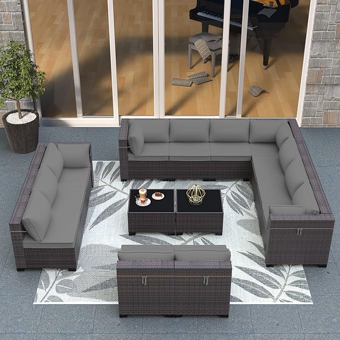 Outdoor Patio Furniture Set, 14 Pieces Outdoor Sectional Furniture Patio Sofa, All-Weather PE Rattan Patio Conversation Set with Tempered Glass Top Table & Cushions(Grey).