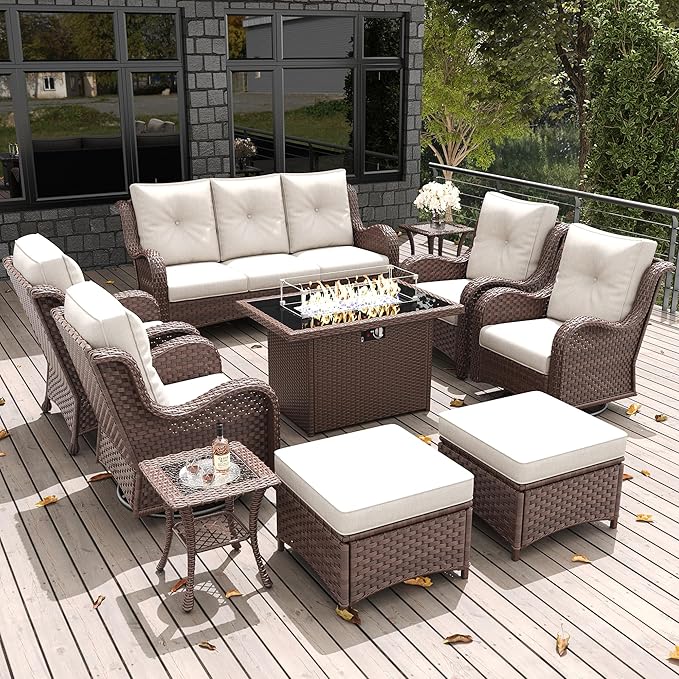 LayinSun 10 Pieces Outdoor Patio Furniture Set with Fire Pit Table, Rattan Wicker Sectional Swivel Rocker Chairs Sets with Ottomans, Swivel Glider Chair, Single Chairs and Coffee Table