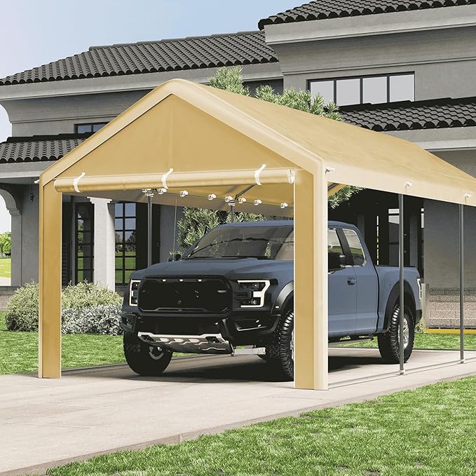 Carport 10x20 Ft, Heavy Duty Car Canopy with Reinforced Ground Bar, Portable Garage with Roll-up Windows and Removable Sidewalls, Galvanized Car Shelter, Large Outdoor Carports (Beige)