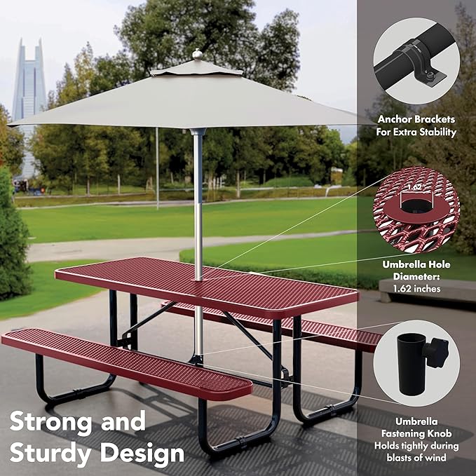 Commercial Heavy-Duty Metal Picnic Table - ADA Compliant, Adjustable Seats, Umbrella Hole, Expanded Metal (Red, 6' Rectangular)