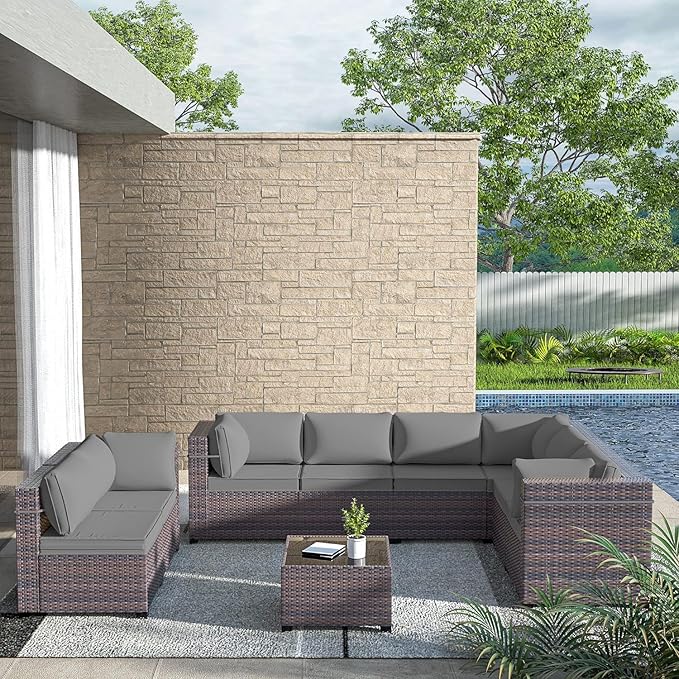 Outdoor Patio Furniture Set, 9 Pieces Outdoor Sectional Furniture Patio Set, All-Weather PE Rattan Patio Conversation Set with Tempered Glass Top Table & Cushions-Grey