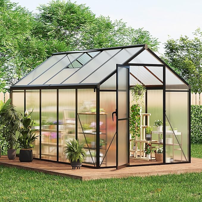 6x10 FT Greenhouse, Polycarbonate Walk-in Greenhouse for Outdoors with Roof Vent & Lockable Outward-Opening Swing Door, Heavy-Duty Aluminum Green House for Garden, Backyard, Patio, Lawn, Dark Grey