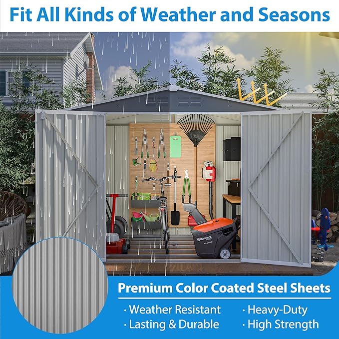 8 x 6 FT Outdoor Storage Shed with Floor Frame,Utility Metal Tool Storage with Lockable Doors,Air Vents & Waterproof Roof, Large Garden Shed for Backyard, Patio Lawn,Gray