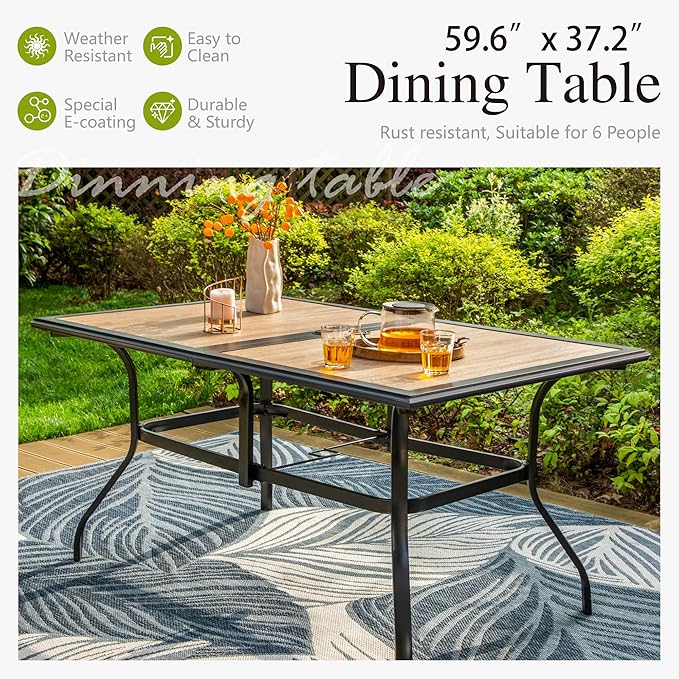 Sophia & William Outdoor Table, Rectangular Patio Table for 6, Large Patio Dining Table with Faux Wood Tabletop and Metal Steel Frame, Outdoor Dining Table with 1.6"-2" Adjustable Umbrella Hole