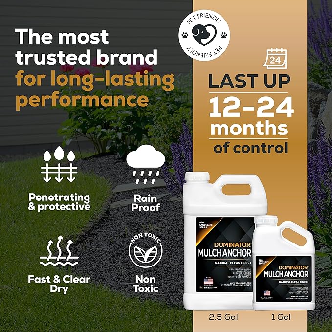 DOMINATOR Mulch Anchor 2.5 Gallons - Mulch Glue and Pea Gravel Stabilizer, Ready to Use Spray, Lasts up to 2 Years, Fast-Dry, Non-Toxic, Strong Mulch Glue for Landscapes