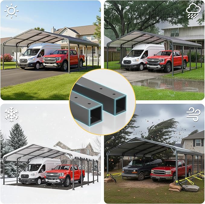20x20 FT Metal Carport for 2 Cars, Heavy Duty Canopy Carport with Updated Roof & Enhanced Base, Garage Vertaile for RV Car, Truck, Boat, Tractors, Party, Grey