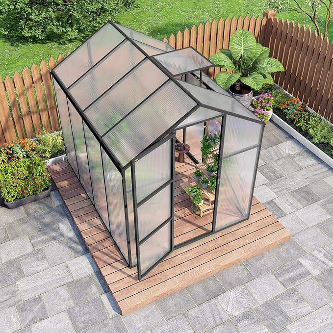 KEIKI 6x8 FT Polycarbonate Greenhouse for Outdoors, Heavy-Duty Aluminum Walk-in Greenhouse with Raised Base, Roof Vent & Drainage System, All-Season Garden Greenhouse, Black