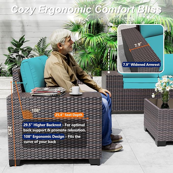 Outdoor Patio Furniture Set with Gas Fire Pit Table, 7 Pieces Patio Furniture Set Outdoor Sectional Sofa w/43in Propane Fire Pit, PE Wicker Rattan Patio Conversation Sets（Blue）.