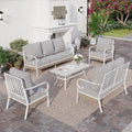 SUNSHINE VALLEY 6 Piece Metal Outdoor Patio Furniture Set, Patio Conversation Set with 1 3-Seater Couch, 2 Fixed Sofa with 5.75" Thick Cushion and Coffee Table, White and Gray Backyard Furniture