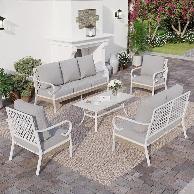 SUNSHINE VALLEY 6 Piece Metal Outdoor Patio Furniture Set, Patio Conversation Set with 1 3-Seater Couch, 2 Fixed Sofa with 5.75" Thick Cushion and Coffee Table, White and Gray Backyard Furniture