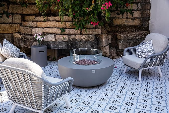 AMS Creations | Eclipse 44" Bundle Round Cast Concrete Natural Gas Fire Pit Bowl Table | Light Gray | Smooth Texture Surface | Electronic Ignition | Outdoor Patio Heater Outside Backyard Fireplace
