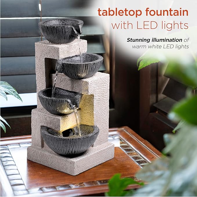 Alpine Corporation WIN1578 14" Cascading Tabletop Bowl Fountain with LED Lights – Elegant Water Fountain for Home, Office, Living Room, Bedroom, and Desk, Gray
